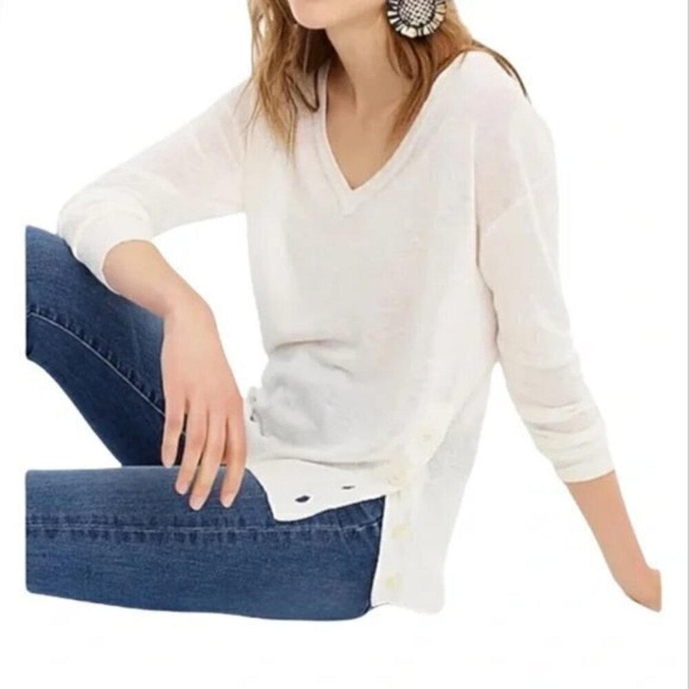 J.CREW Side Button Linen Blend V-neck Sweater in White Women's Size Small
